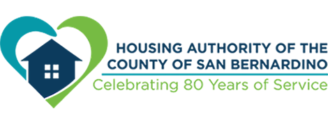 Housing Authority of the County of San Bernardino Celebration 80 Years of Service logo - A Blue and Green heart over a blue house.